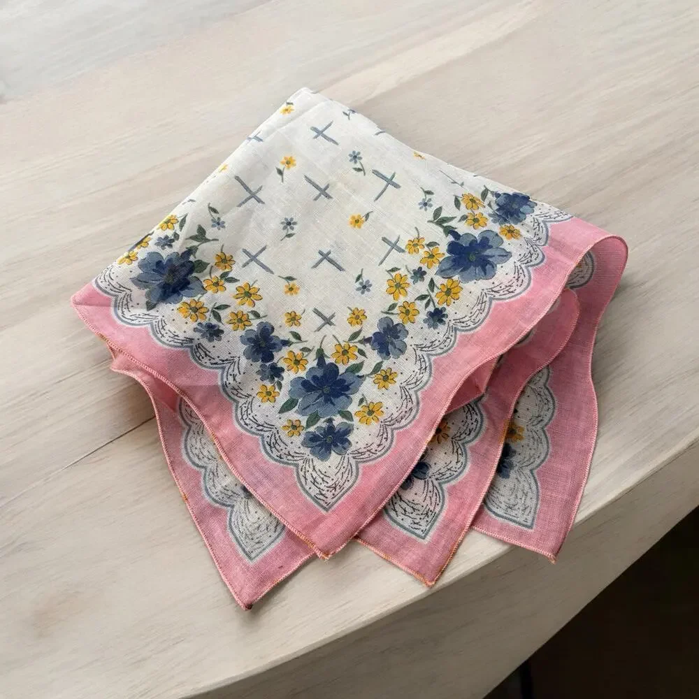 Vintage Hankerchief Blue Pink Yellow Flowers Floral Pocket Scarf Hanky 12